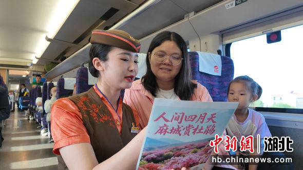 武汉客运段工作人员向旅客介绍赏花路线。苏杭 摄